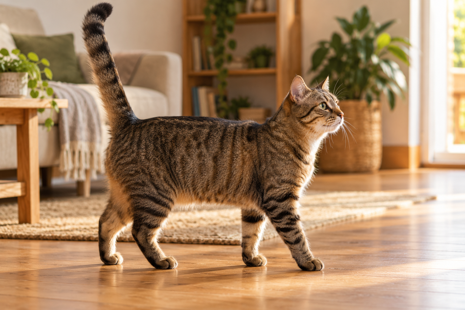 Chat tigré de profil, queue dressée dans une pièce lumineuse