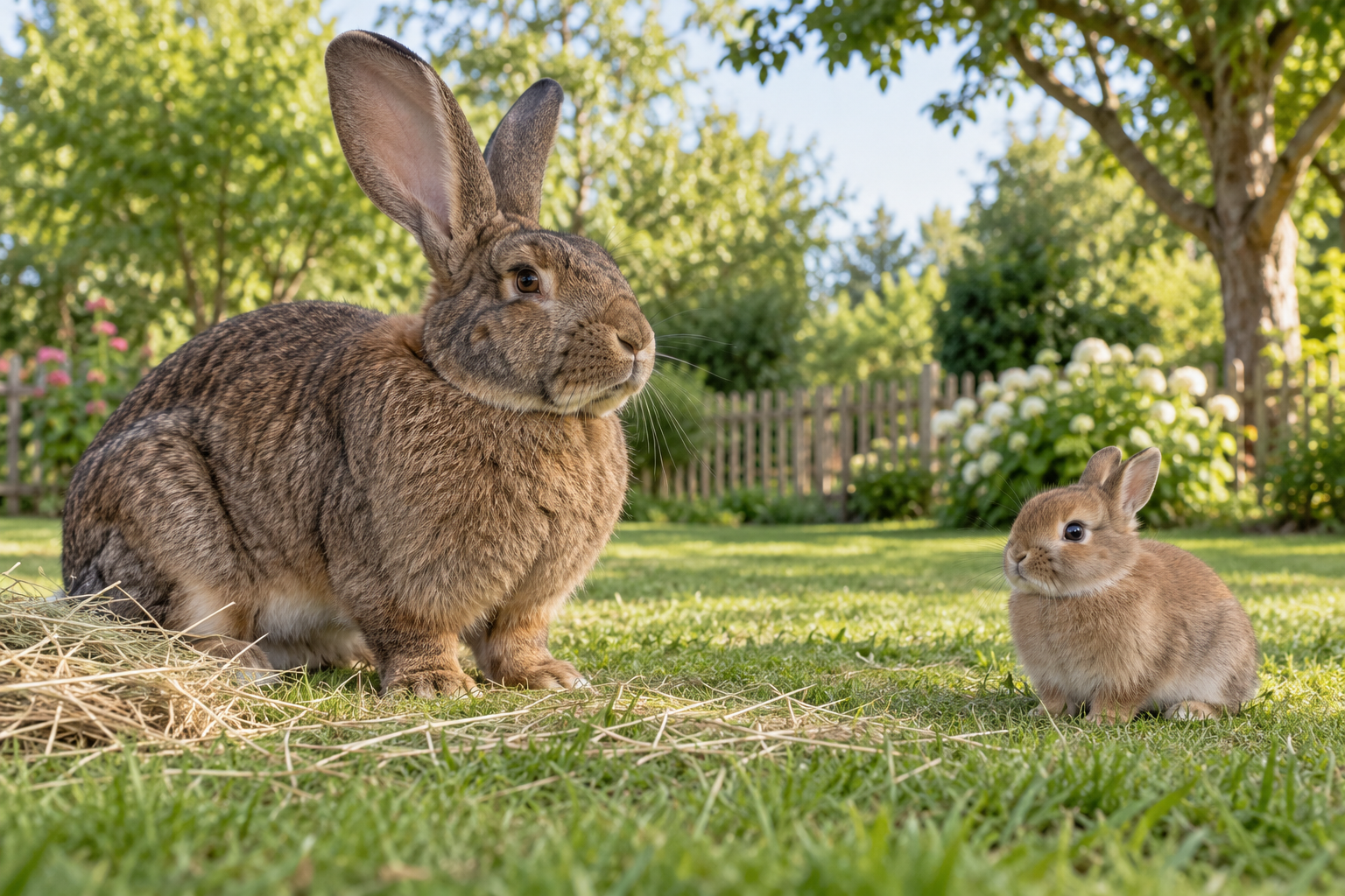 Deux lapins de gabarits différents dans un jardin avec du foin