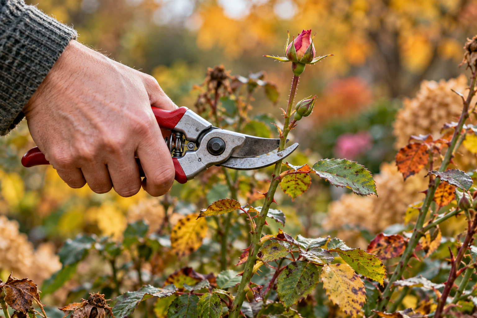 Main tenant un sécateur près d’une tige de rosier en automne