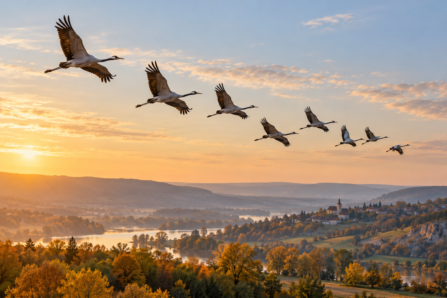 Grues en migration au-dessus d’un paysage automnal