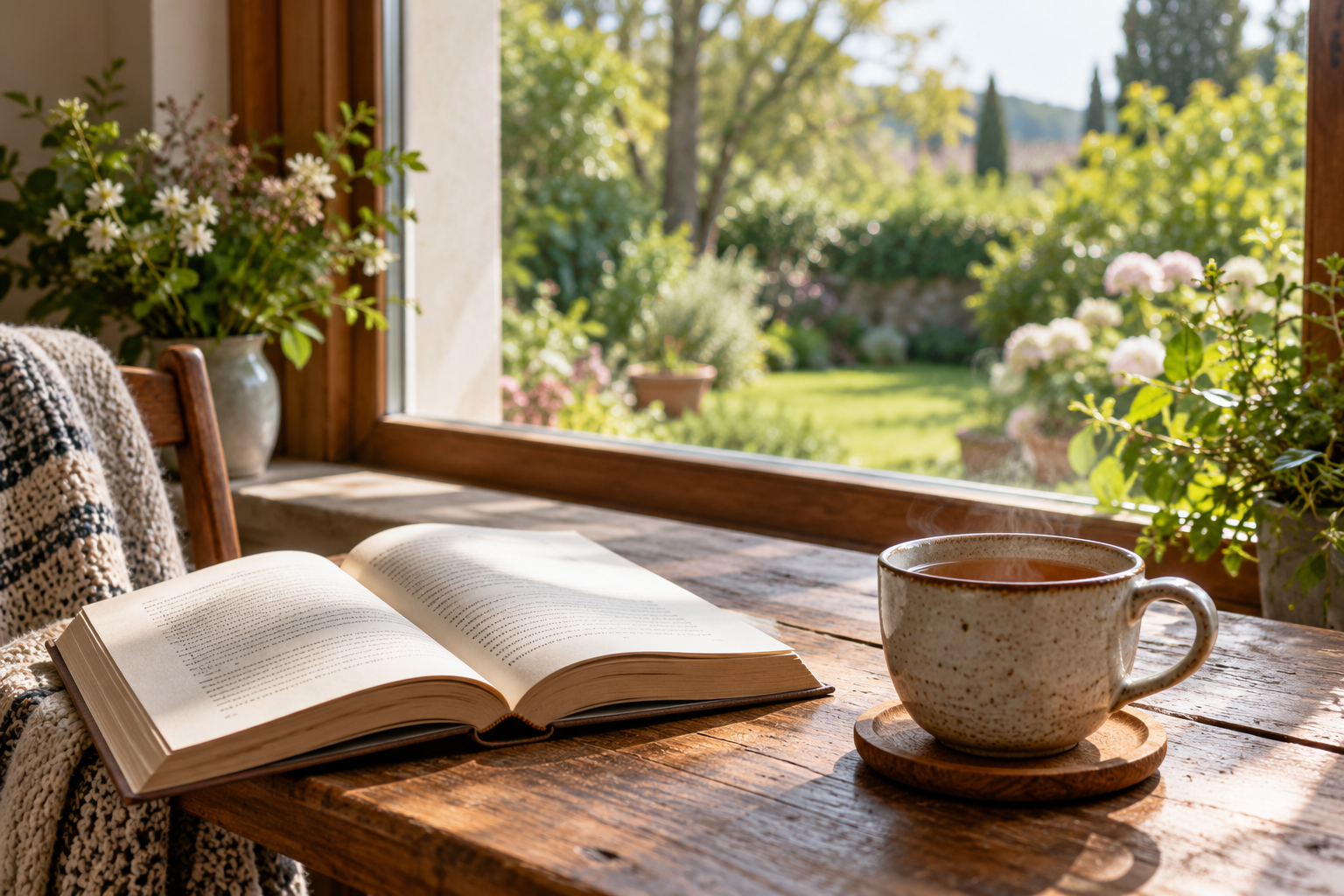 Tasse chaude et livre ouvert près d’une fenêtre donnant sur le jardin