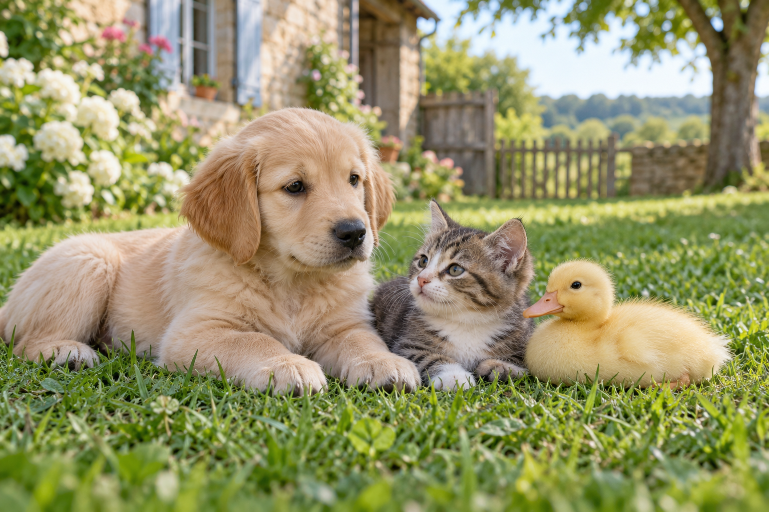Chiot, chaton et caneton dans un jardin