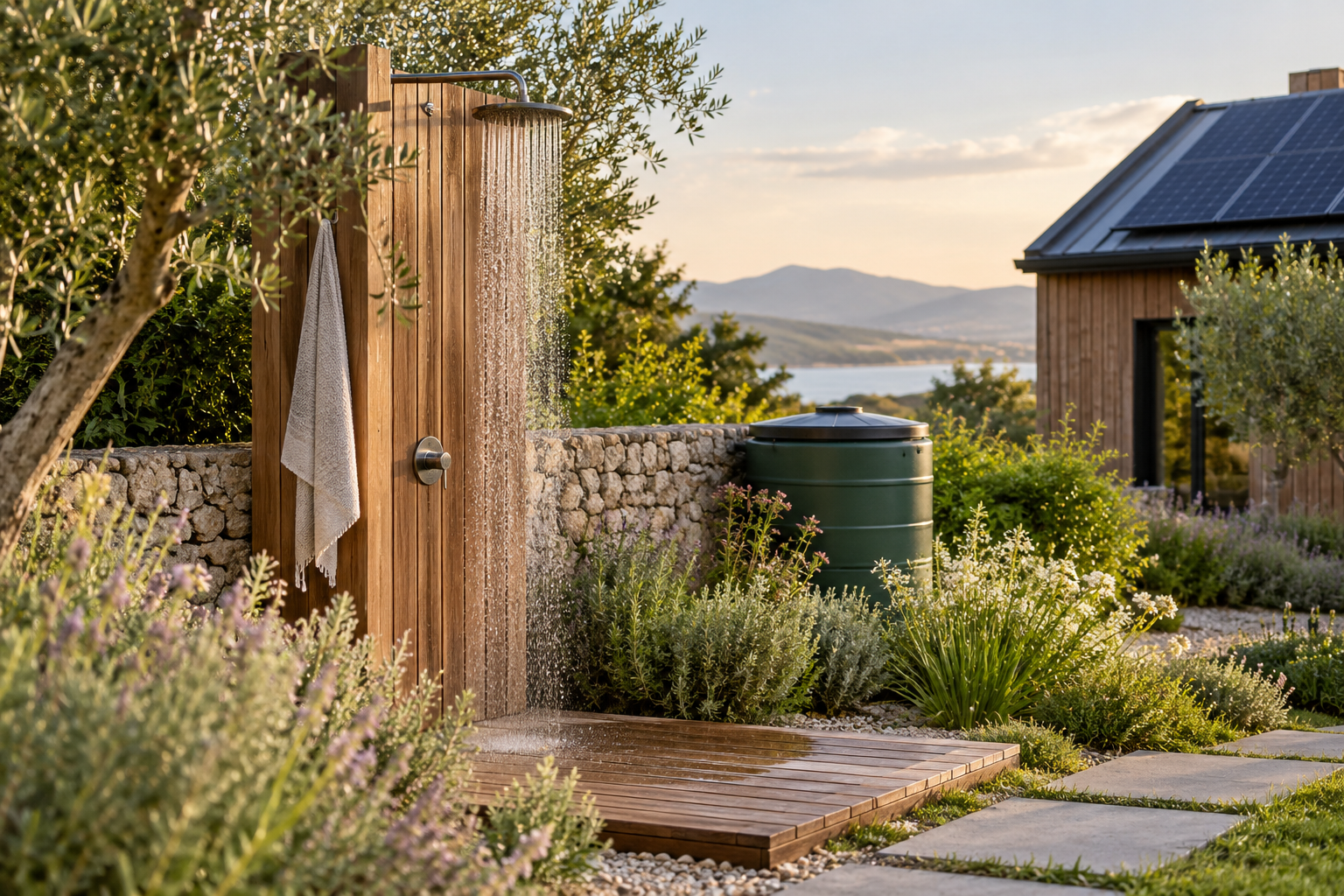 Illustration d’une douche de jardin avec une cuve et des panneaux solaires en arrière-plan
