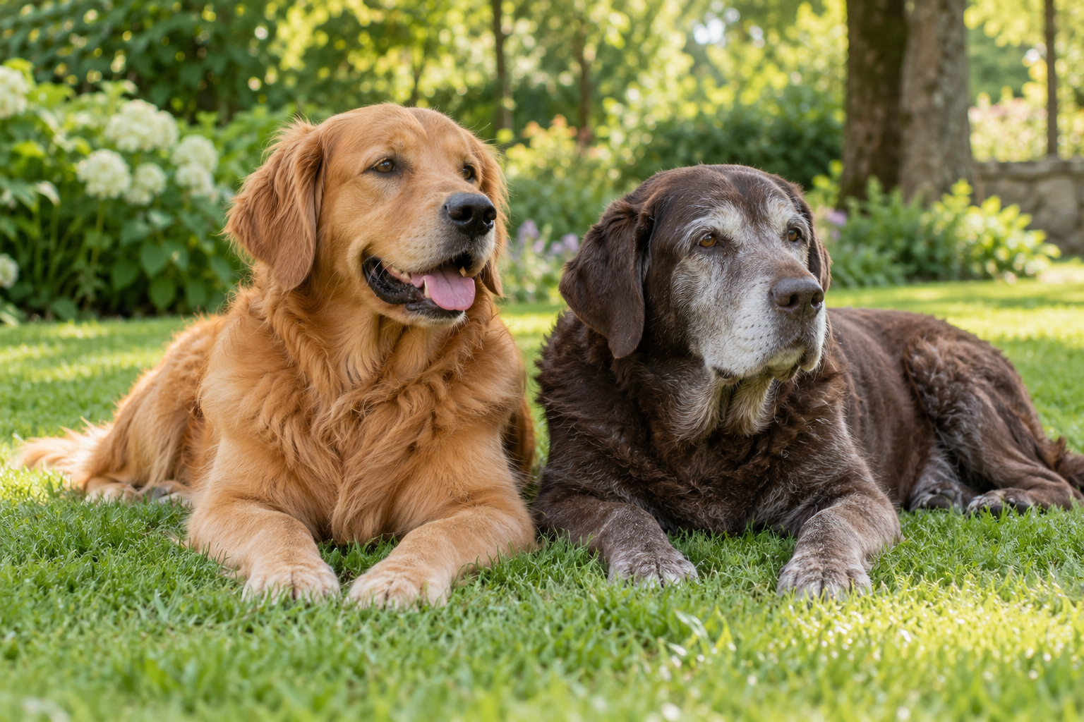 Chien adulte et chien âgé dans un jardin