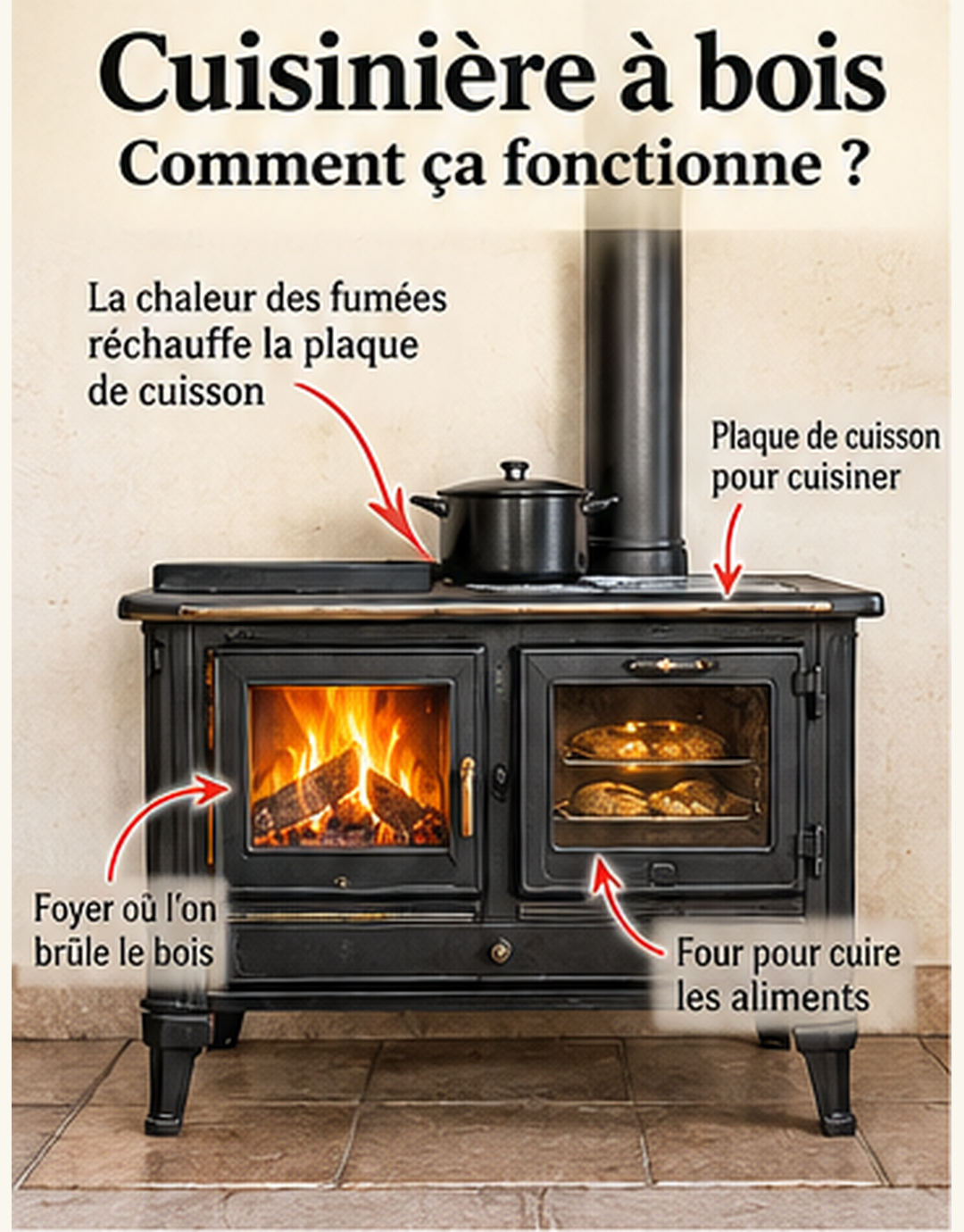 Schéma d’une cuisinière à bois en fonte montrant le foyer, la plaque et le four