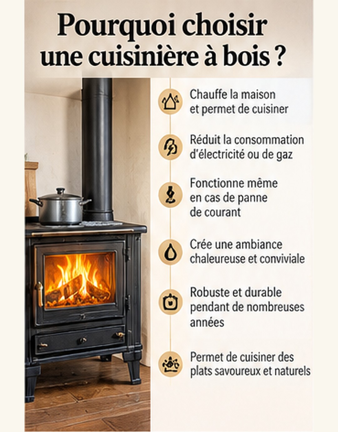 Infographie présentant les usages et les avantages possibles d’une cuisinière à bois