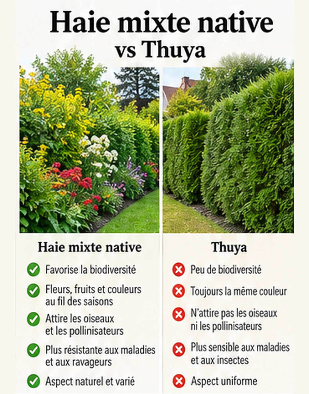 Comparaison illustrée entre une haie mixte fleurie et une haie de thuyas
