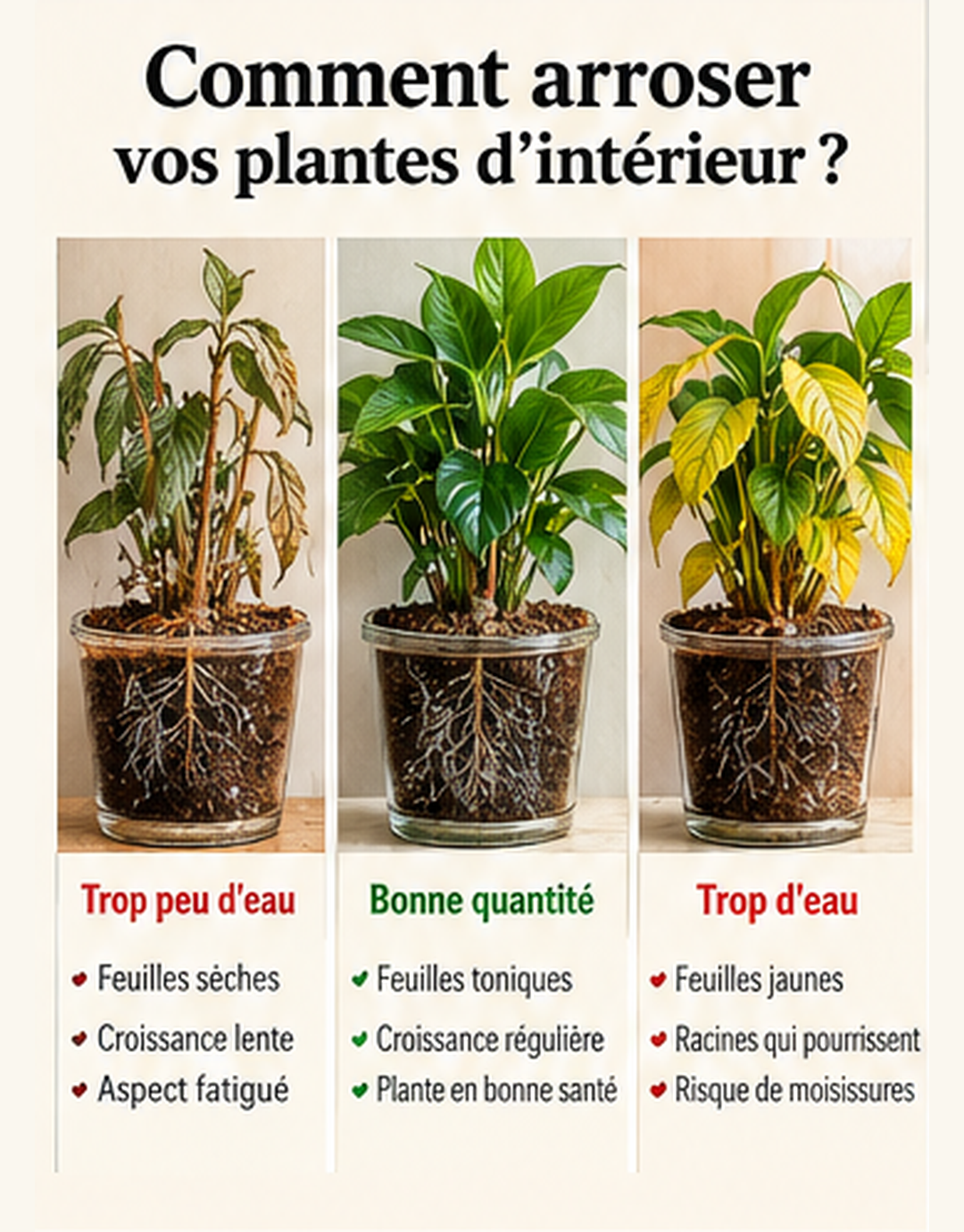 Trois plantes illustrant un manque d’eau, un arrosage adapté et un excès d’eau