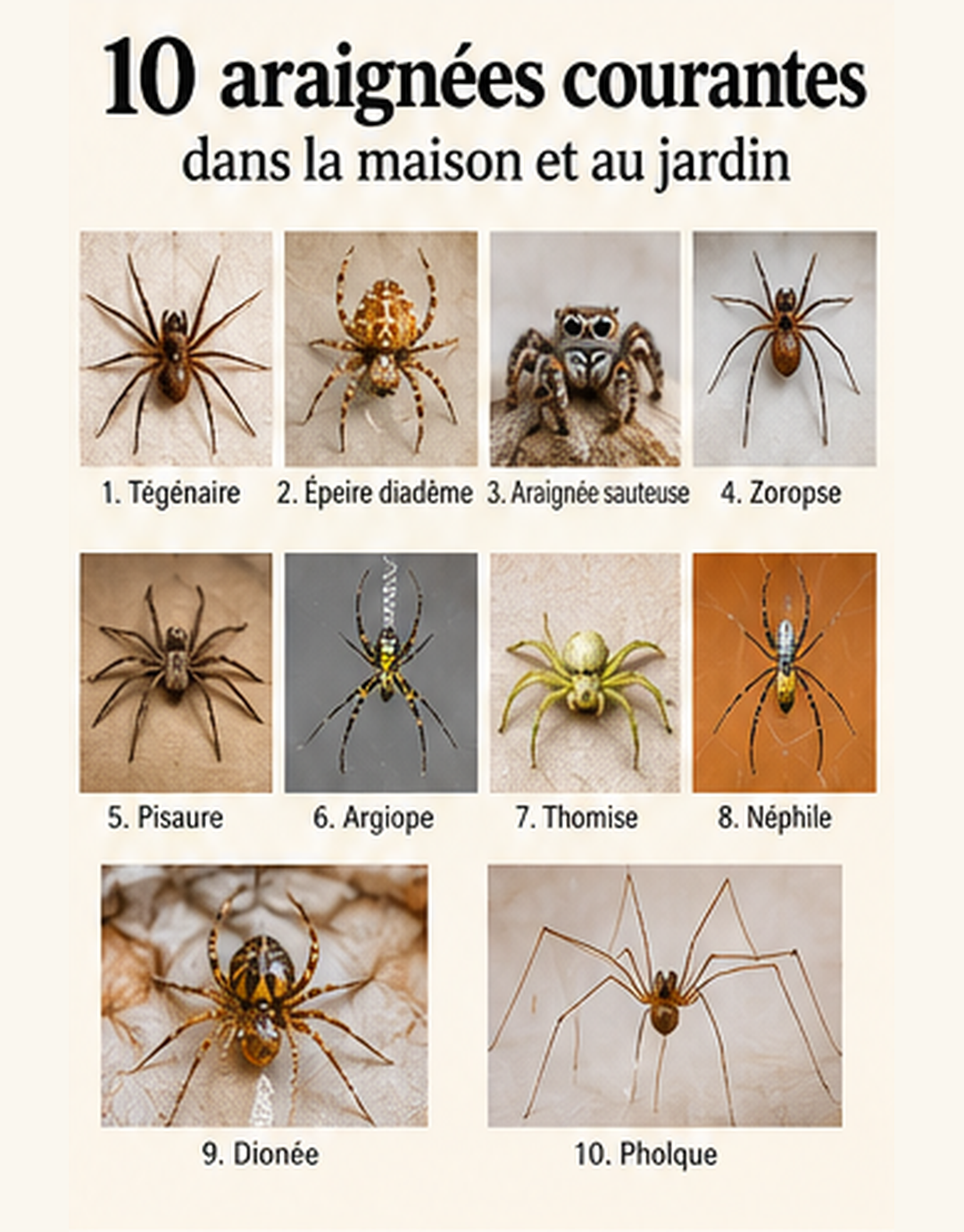 Planche illustrative de différentes araignées, à ne pas utiliser comme clé d’identification