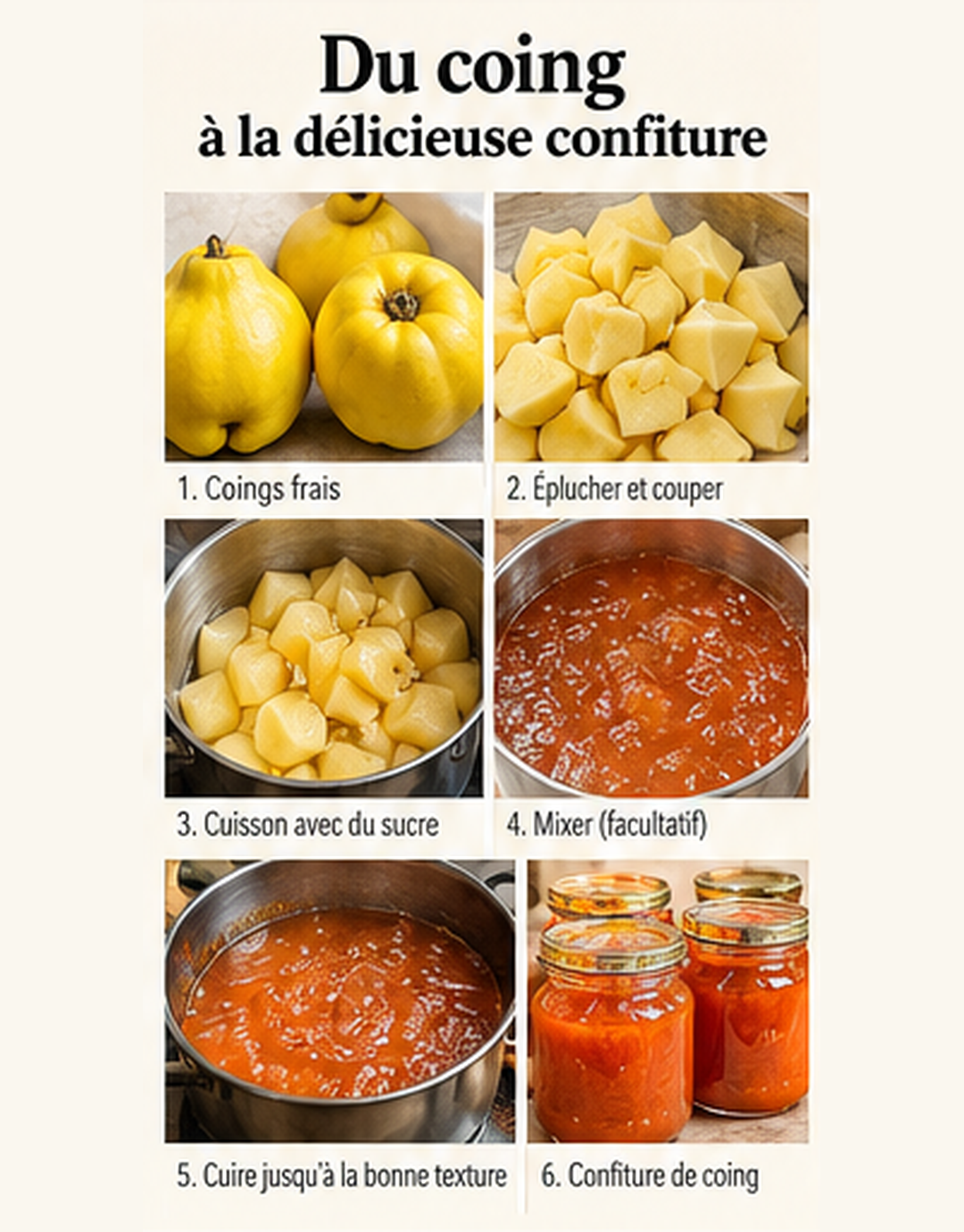 Étapes illustrées de préparation des coings, de la découpe à la confiture