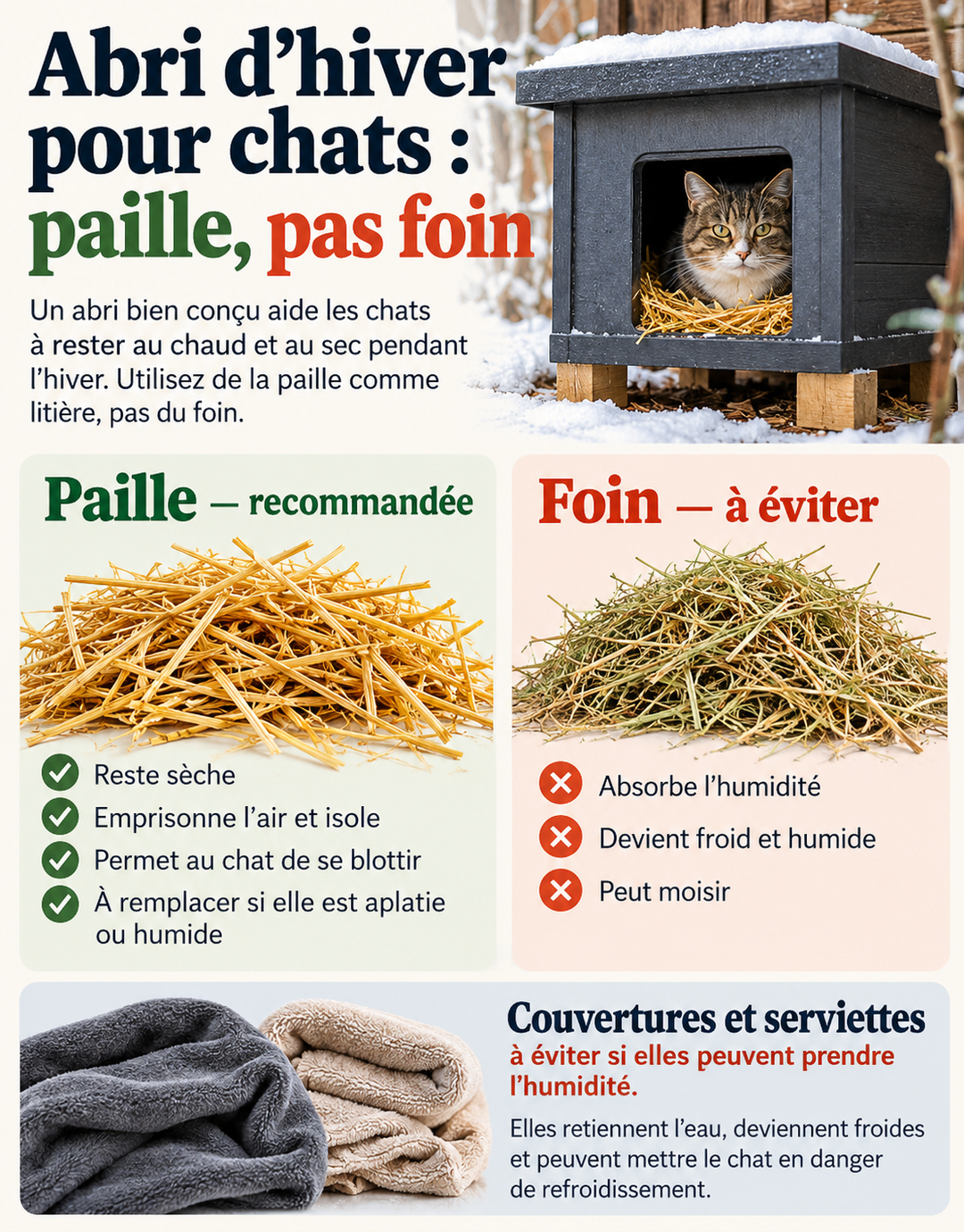 Abri d’hiver pour chat comparant la paille recommandée au foin et aux textiles humides