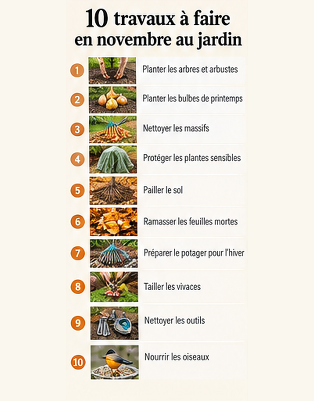 Liste illustrée de dix travaux de jardinage à envisager en novembre