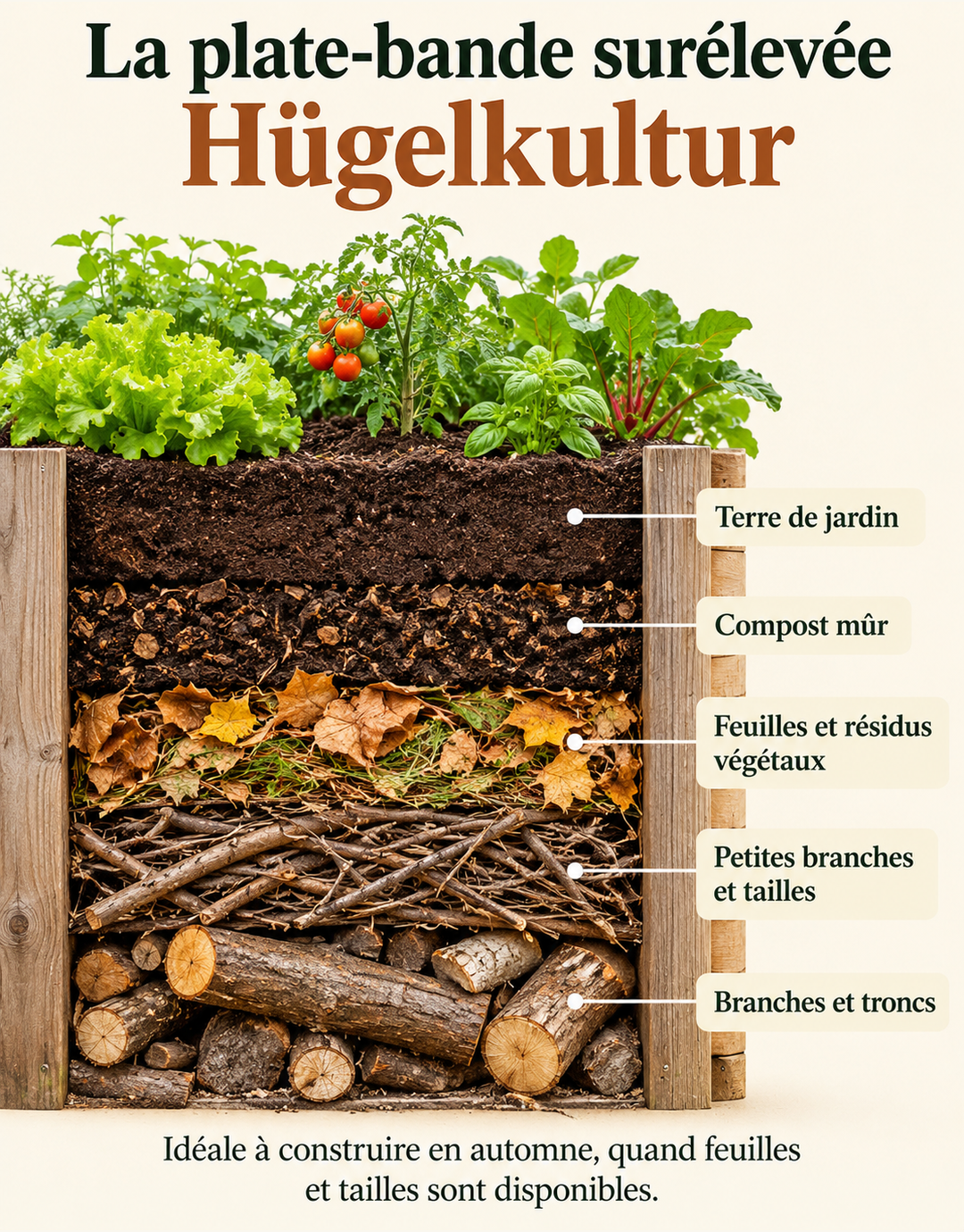Coupe d’une plate-bande Hügelkultur montrant bois, branches, feuilles, compost et terre