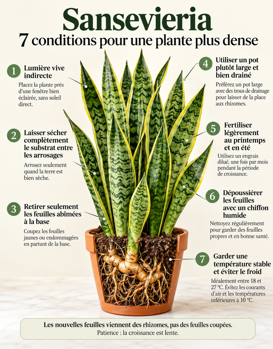 Sansevieria avec rhizomes visibles et sept conseils pour accompagner sa croissance
